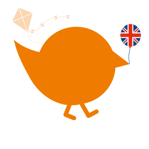 orangenes Kueken mit Union Jack, Schleife und Drachen